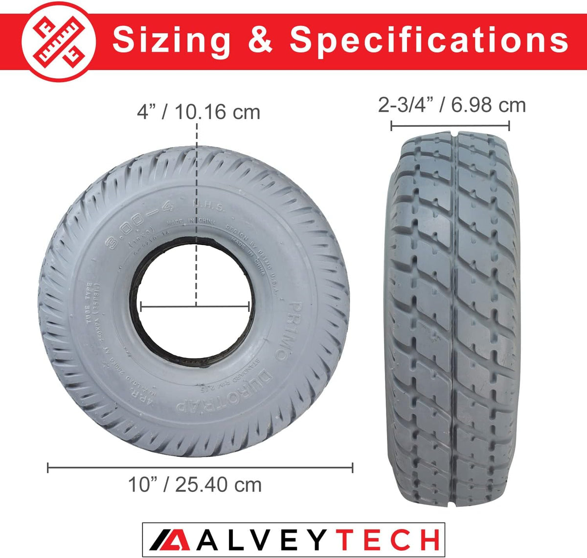 AlveyTech 3.00-4 (10"x3", 260X85) Foam-Filled Mobility Tire with Durotrap C9210 Tread (2-5/8" Bead Width) - Replacement Scooter Flat-Free Tires for Electric Scooters, Non-Marking Gray (TIRSOLI1020)