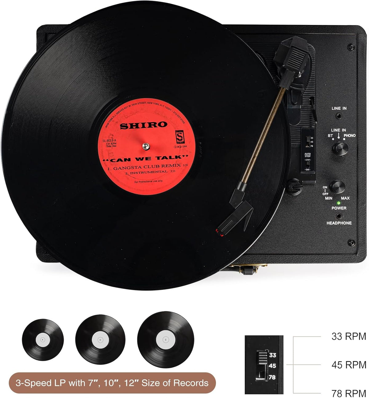 Vinyl Record Player with Speakers, Bluetooth Vinyl Player-Black | Portable, 3-Speed BT Turntable, Belt-Driven, RCA