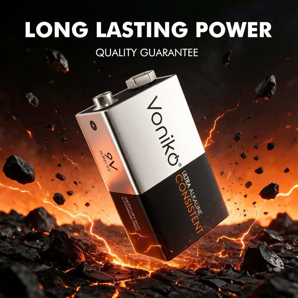 9V Batteries 6 Pack, 9 Volt Alkaline Battery for Smoke Alarms | 6LR61 Consistent Square Battery for Guitar Pedals &