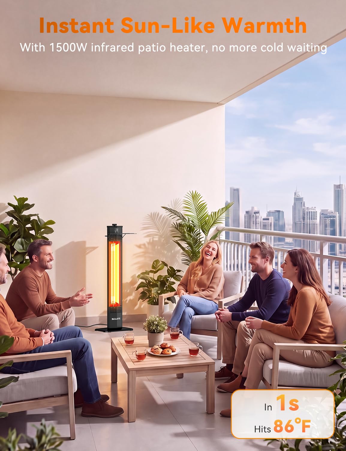 Patio Heater for Outdoor Use, 1500W 36-inch Infrared Electric Heater, Instant Heating, 3 Levels, Tip-Over & Overheat