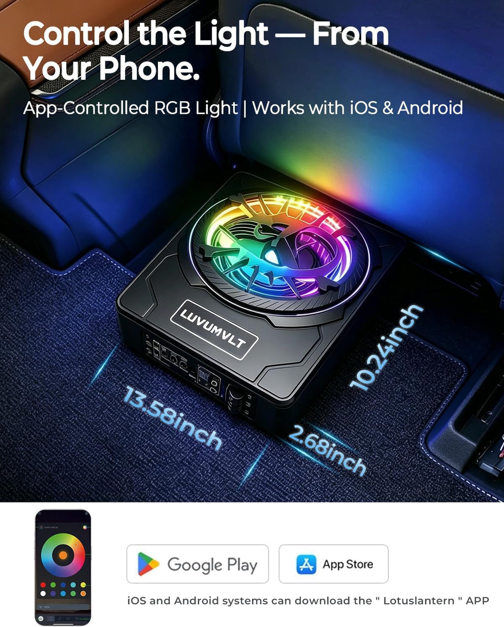 1200W 10" Skull Car Subwoofer with APP-Controlled RGB Beat-Sync Lights, Slim Under Seat Powered Built-in Amplifier