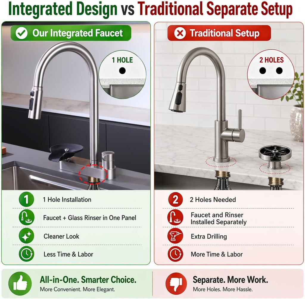 Kitchen Faucet with Pull Down Sprayer, Glass Rinser, Single Hole
