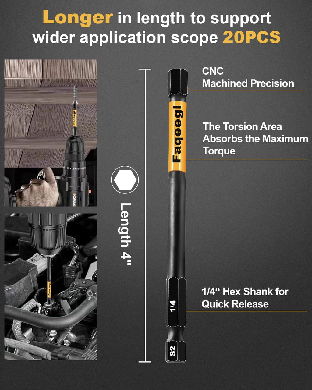 Faqeegi 20PCS 4 Inch S2 Magnetic Hex Bit Set Metric SAE Impact Drill Bits