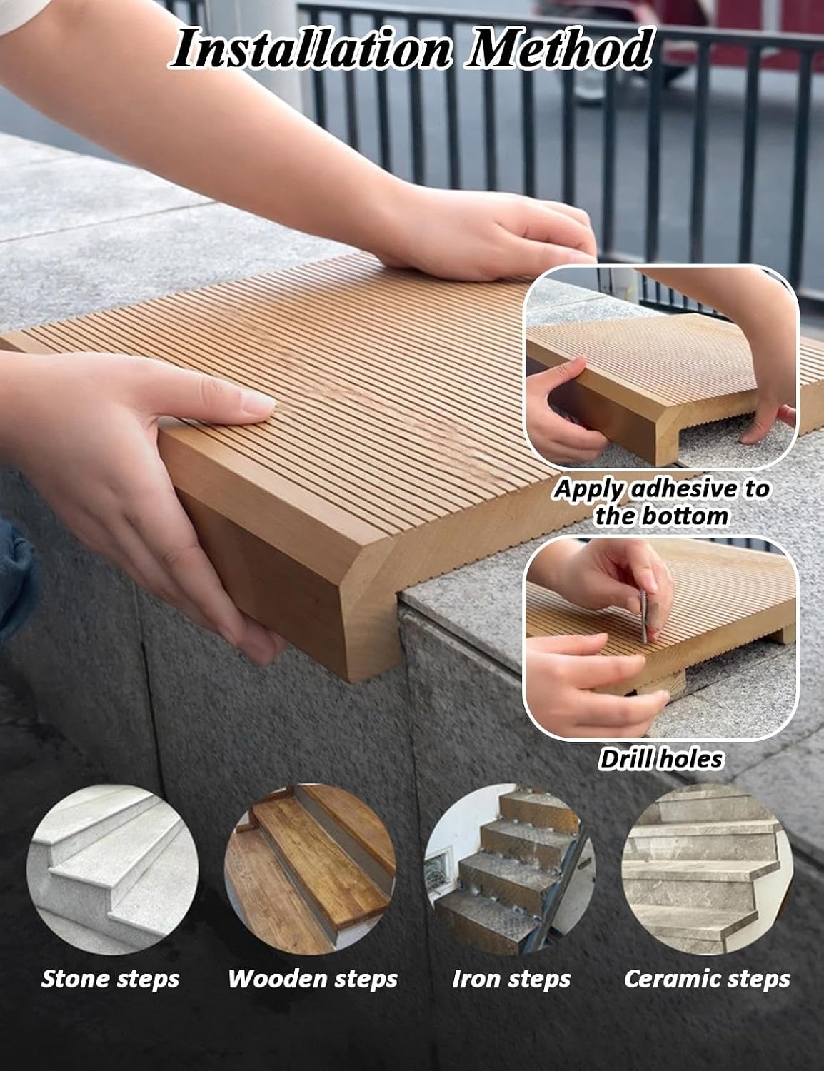 Wood Outdoor Stair Treads Non-Slip Waterproof Weather Resistant 12" W