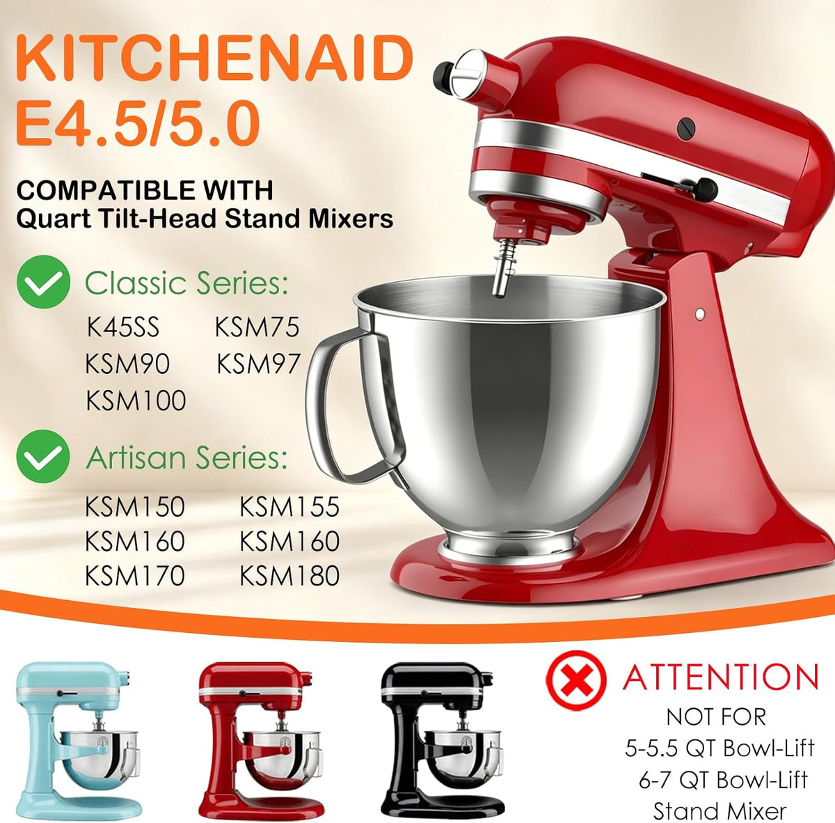 5QT Stainless Steel Mixer Bowl for KitchenAid Tilt Head Stand Mixer | Fits 4.5-5 Quart Models