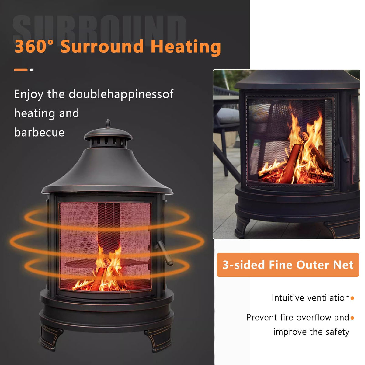 2 in 1 Fire Pit for Outdoor, Wood Burning Fire Pit & Metal Chiminea Fireplaces with Spark Screen Doors & Grill Grate
