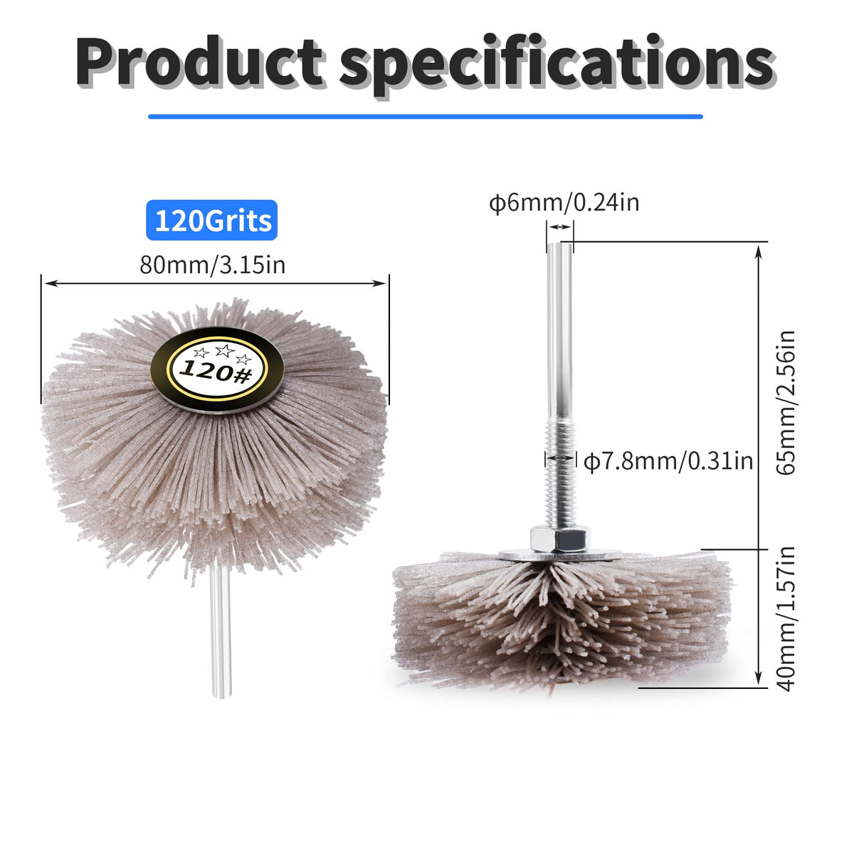 Focmkeas 2pcs Nylon Wheel Brush, 120 Grit, 6mm Shank