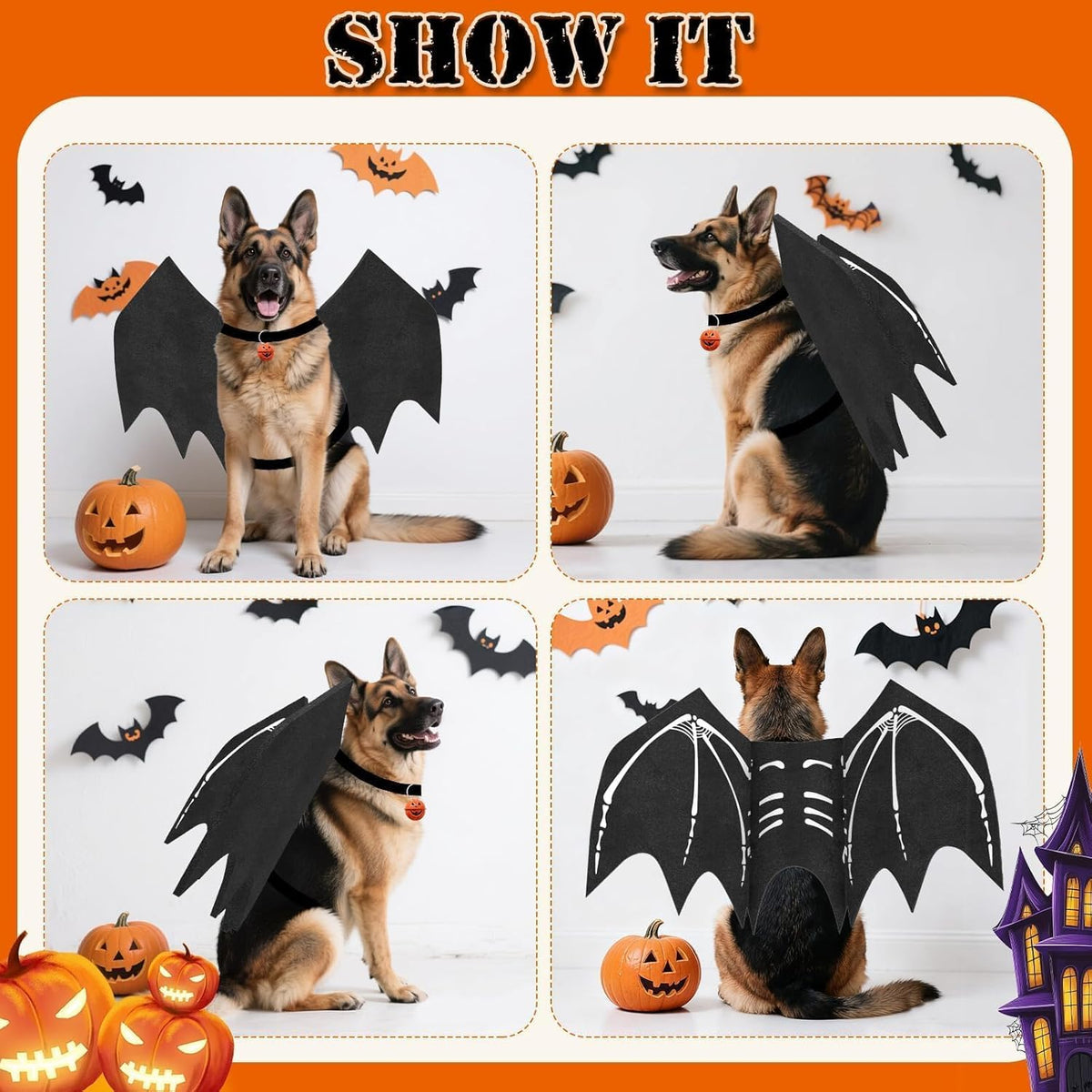Large Dog Halloween Costumes, Adjustable Dog Bat Wings Costumes for Large Dogs with Pumpkin Bell Skeleton Print On