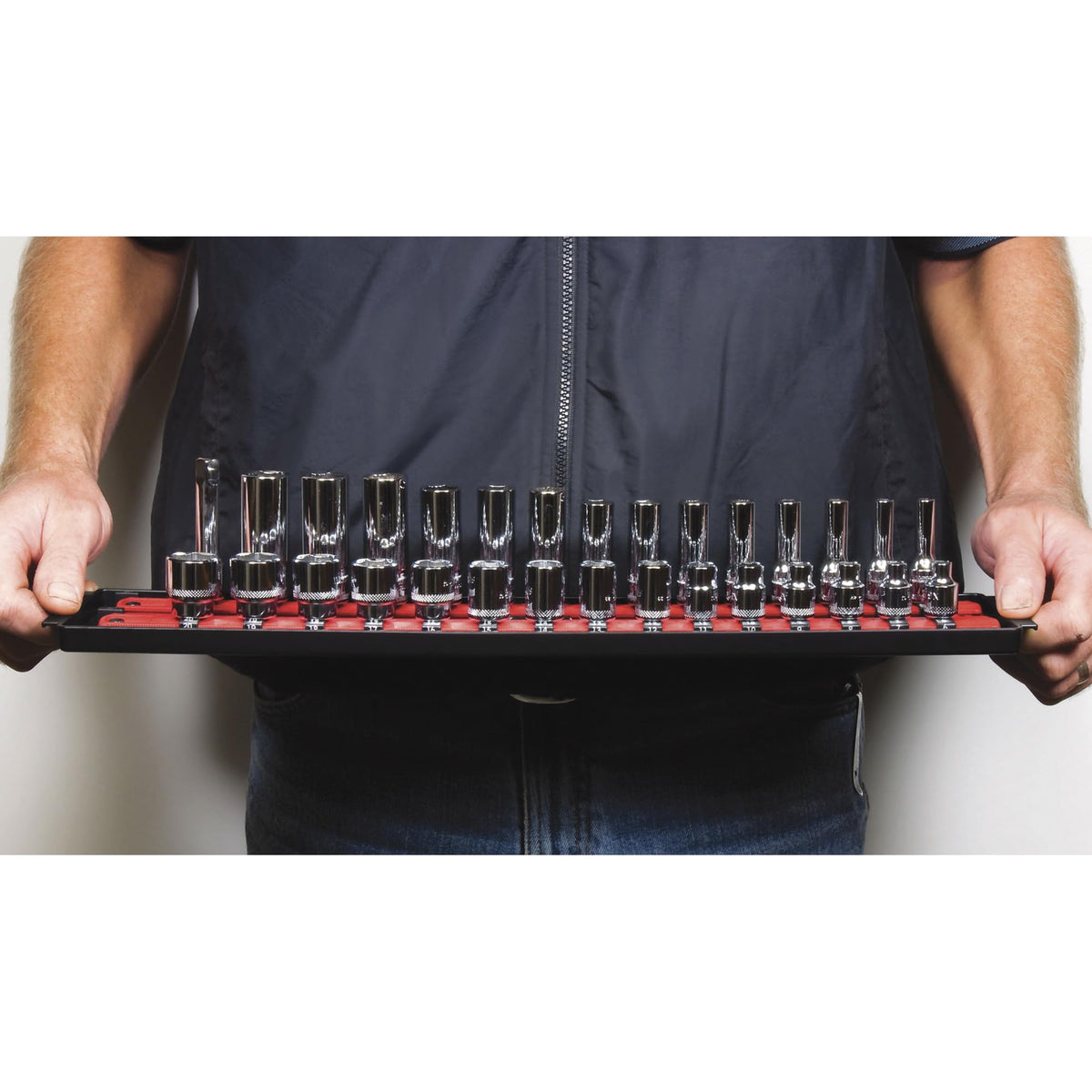 18-Inch Socket Boss 2-Rail 1/2-Inch-Drive Socket Organizer with Twist Lock Secure Hold and Toolbox Drawer Tray, Red