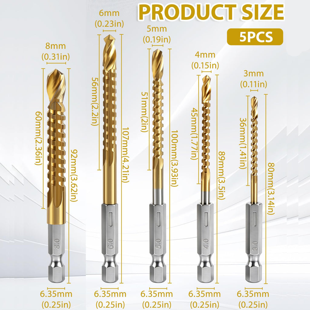 YUENTOEN 5Pcs Titanium Coated HSS Twist Drill Bits, Hex Shank 3/4/5/6/8mm Head, Serrated Side Cutting Drill Bit for Carpenter Woodworking Wood Metal Plastic