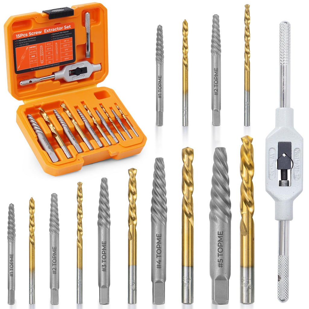15PCS Screw Extractor Set, Easy Out Bolt Extractor Kit with Tap Wrench