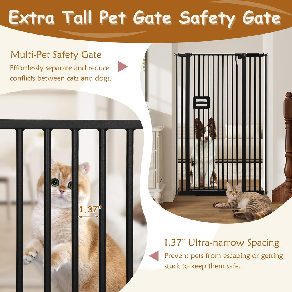 34.2-38.2" Wide Extra-Tall Full-Height Anti-Jump Cat & Pet Safety Gate with No-Drill Pressure Mount & Auto-Close Walk-Through Door