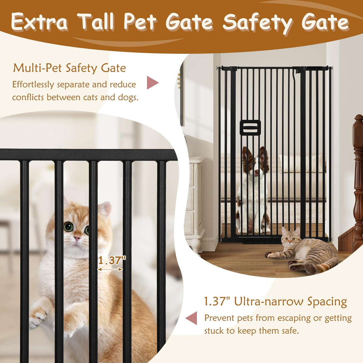 34.2-38.2" Wide Extra-Tall Full-Height Anti-Jump Cat & Pet Safety Gate with No-Drill Pressure Mount & Auto-Close Walk-Through Door
