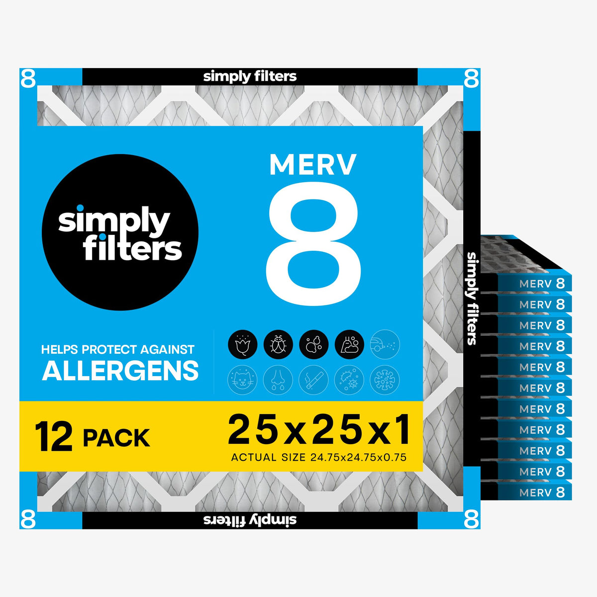 25x25x1 Air Filter, MERV 8, 12 Pack, For Home AC Furnace & HVAC (Actual Size: 24.75"x24.75"x0.75") DUST, Pet, &