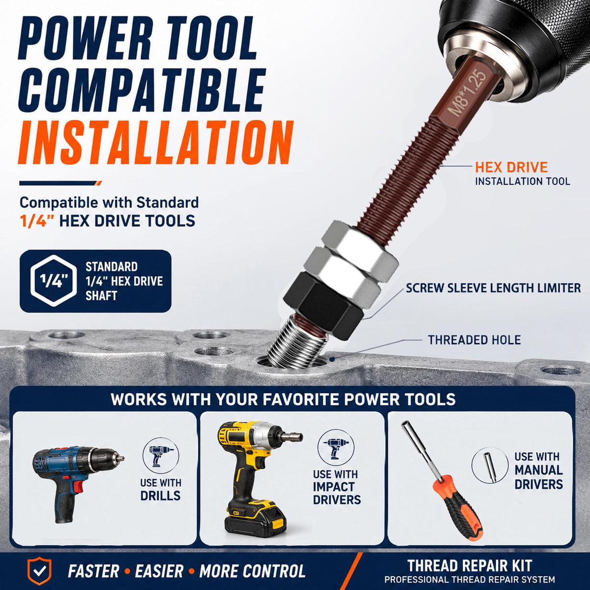 Hankewudi M8x1.25 Thread Repair Tool Compatible Power Drill with 10 Inserts