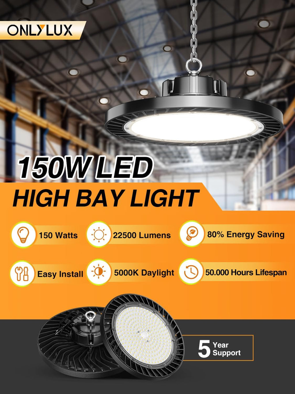 ONLYLUX 150W UFO LED High Bay Lights 8 Pack 5000K Daylight 22500 LM