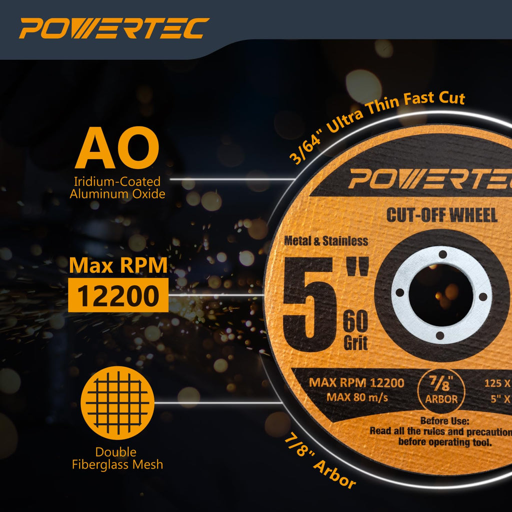 POWERTEC 5" Cut-Off Wheels, 50 PK, 7/8" Arbor (14020)
