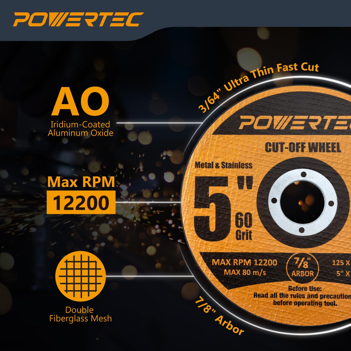 POWERTEC 5" Cut-Off Wheels, 50 PK, 7/8" Arbor (14020)