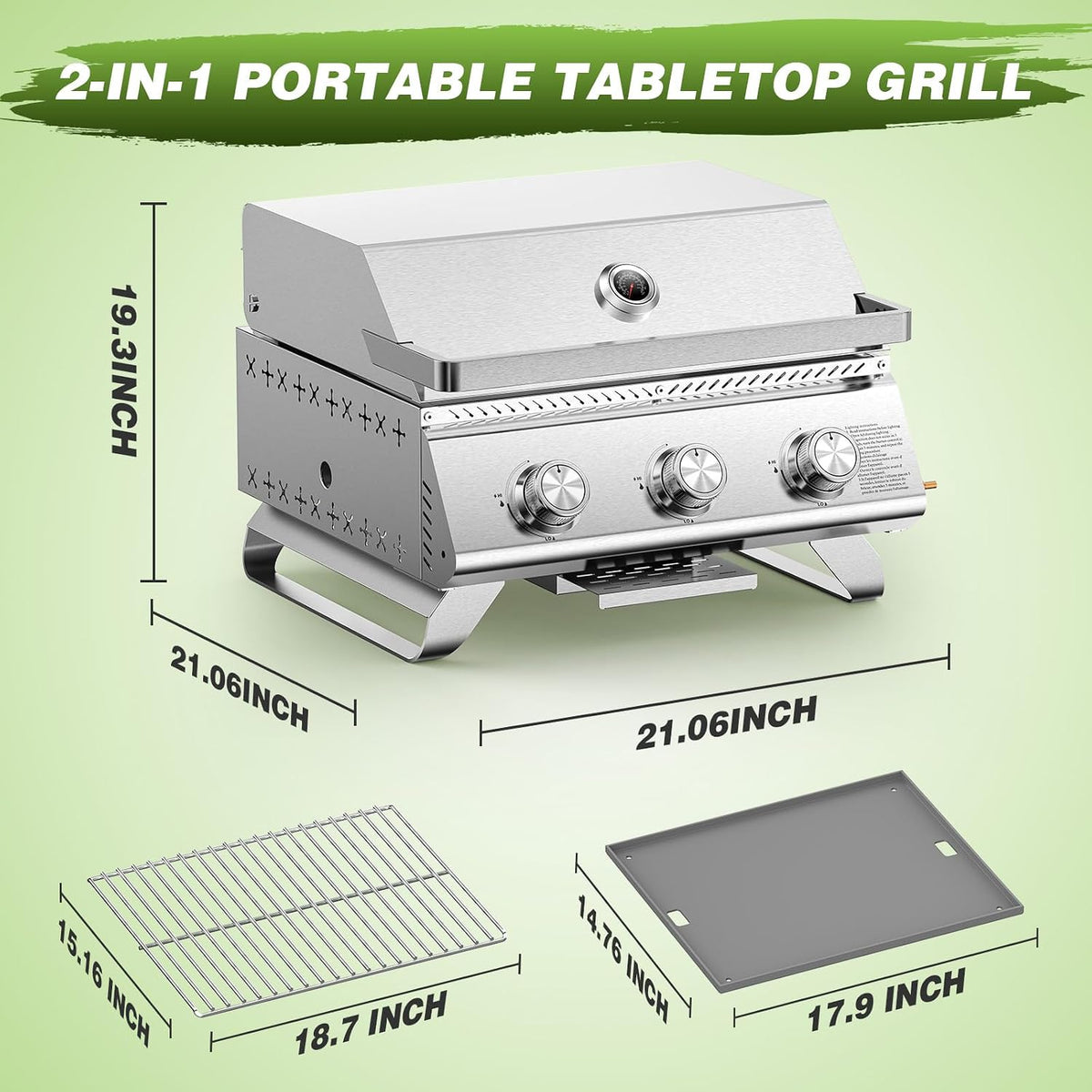 Portable 3-Burner Table Top Gas Grill with Griddle, Stainless Steel BBQ Propane Grill, Flat Top Grill with Lid for