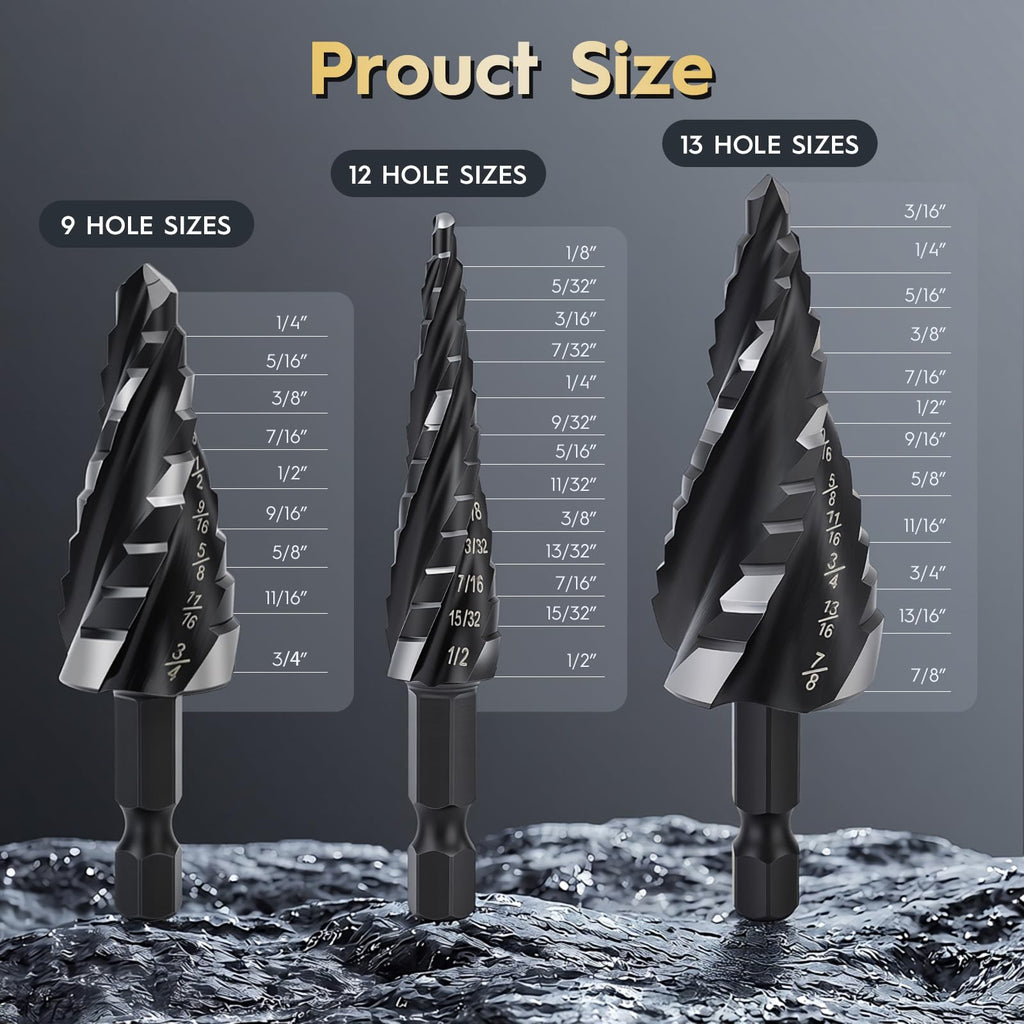 3PCS Step Drill Bit Set - Titanium Four Spiral Flute HSS Step Bit