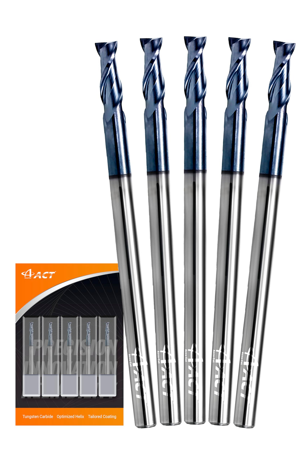 ACCUCUT I2KES 2 Flute 1/8” Carbide Square End Mill - Milling Bit Set for Aluminum, Steel, Copper, Plastic & Alloys - 35 Degree Helix, AlTiN Coating CNC Router Bit (5 pcs)