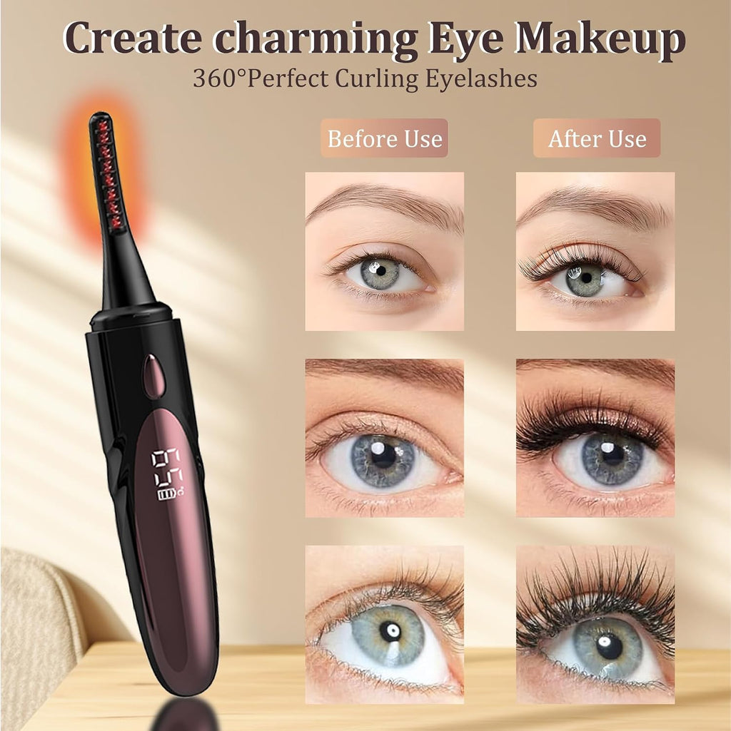 Electric Heated Eyelash Curler - USB Rechargeable with Fast 10s Heat-Up, 24-Hour Long-Lasting Hold, 4 Adjustable