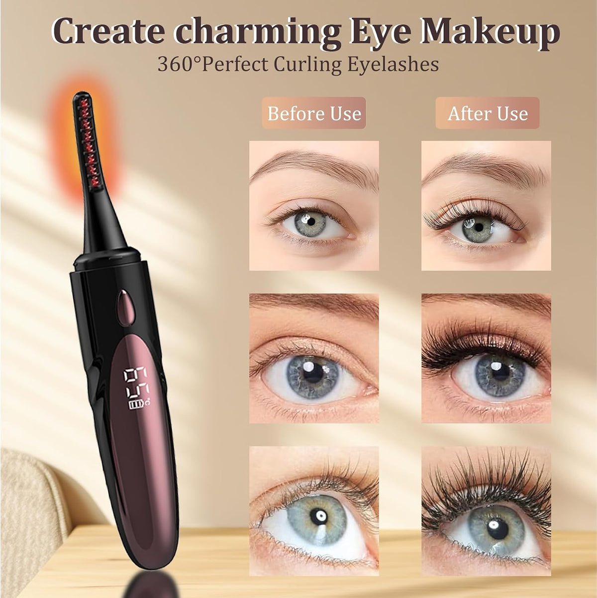 Electric Heated Eyelash Curler - USB Rechargeable with Fast 10s Heat-Up, 24-Hour Long-Lasting Hold, 4 Adjustable