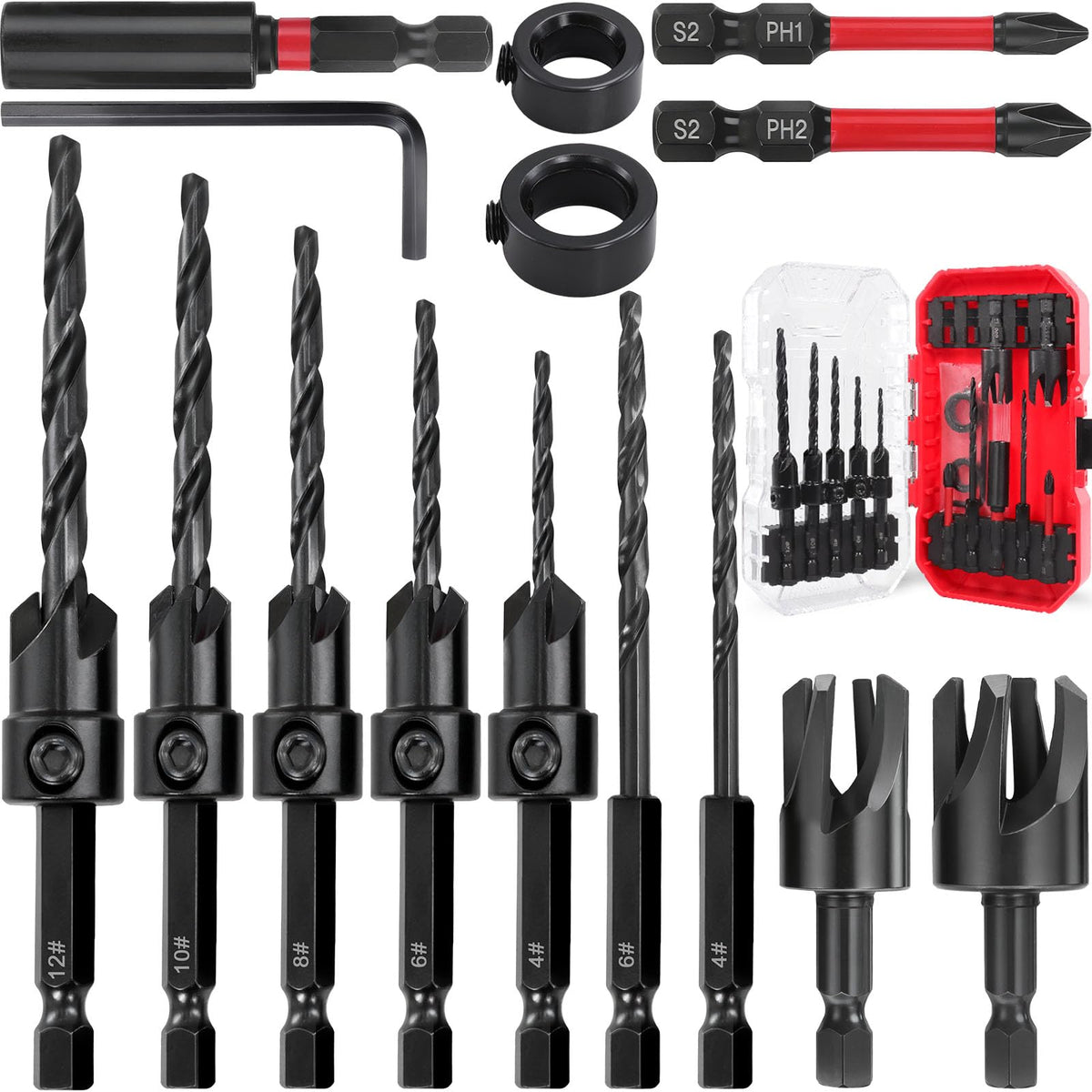 15 Pcs Wood Countersink Drill Bit Set with Depth Stop Storage Case