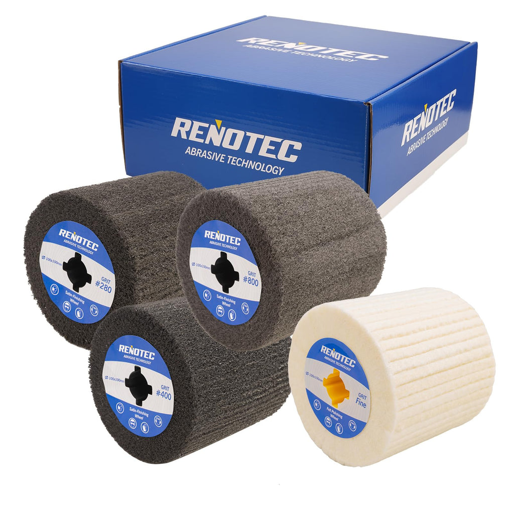 RENOTEC 4" Polishing Wheel Pro Pack, 100x100mm, Aluminum Oxide, Premium Wool, Grit 280/400/800/1000, from Finishing to Mirror Polishing