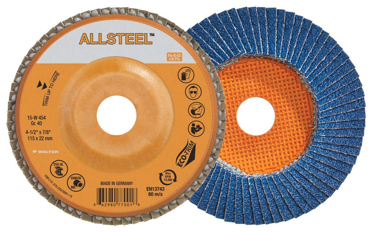 WALTER 15W456 ALLSTEEL Flap Discs - [Pack of 10] 60 Grit, 4-1/2 in. Abrasive Disc for Metal Deburring, Finishing