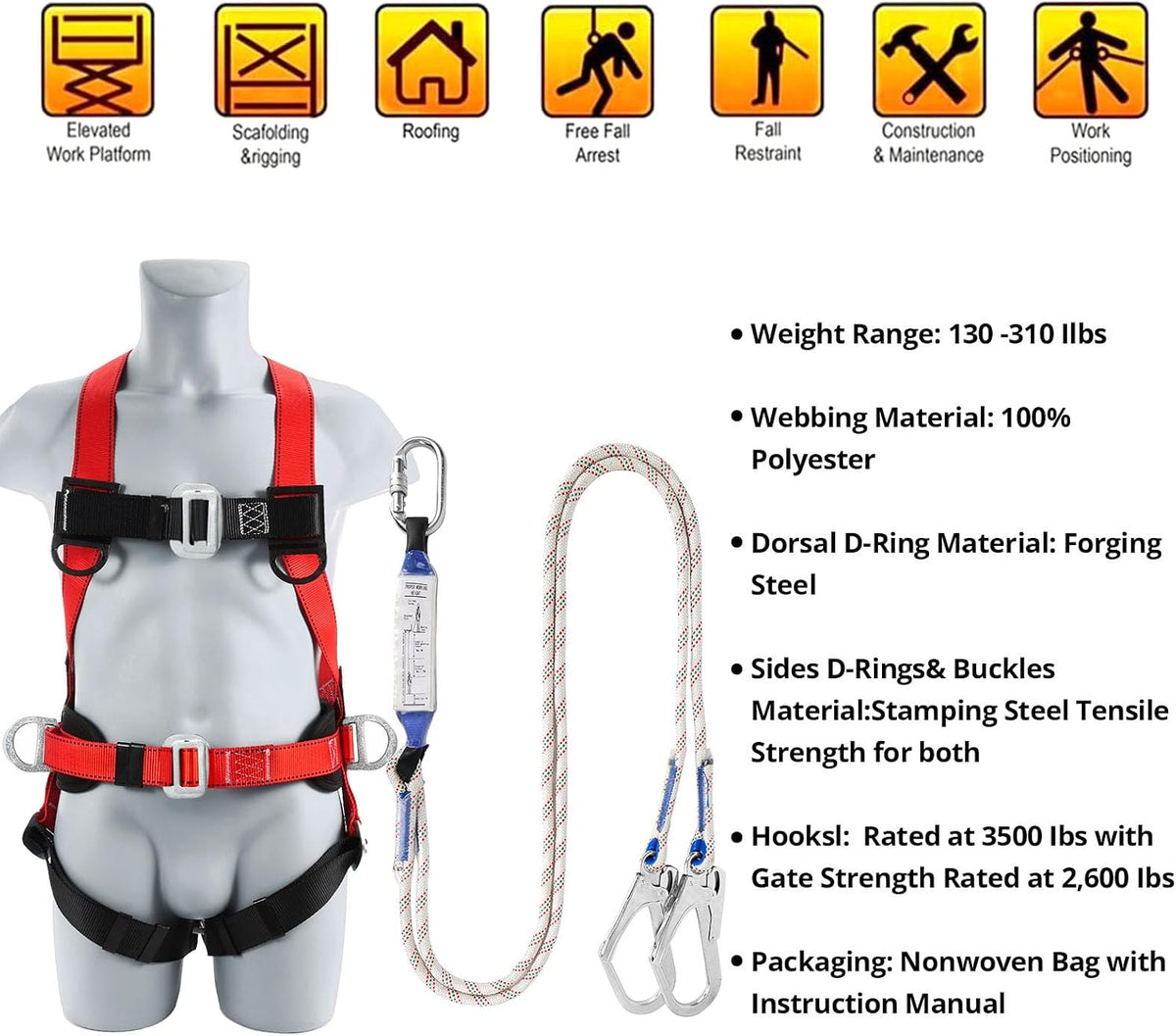 Safety Harness Fall Protection Kit: Roofing Harness for Work | Men Construction Climbing Fall Arrest Safety Harnesses