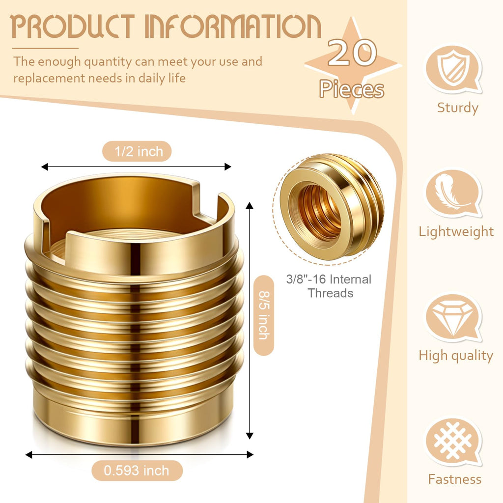 LEIFIDE 20 Pcs 20 Pcs Brass Threaded Inserts 3/8-16 Wood Tap Handle 0.625''
