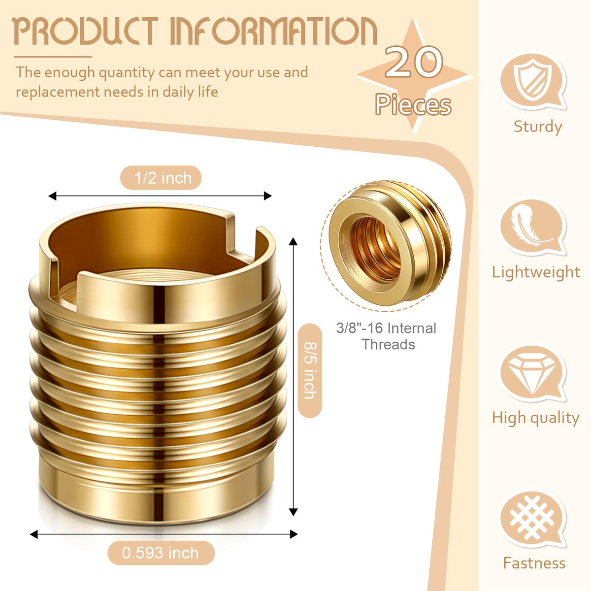 LEIFIDE 20 Pcs 20 Pcs Brass Threaded Inserts 3/8-16 Wood Tap Handle 0.625''