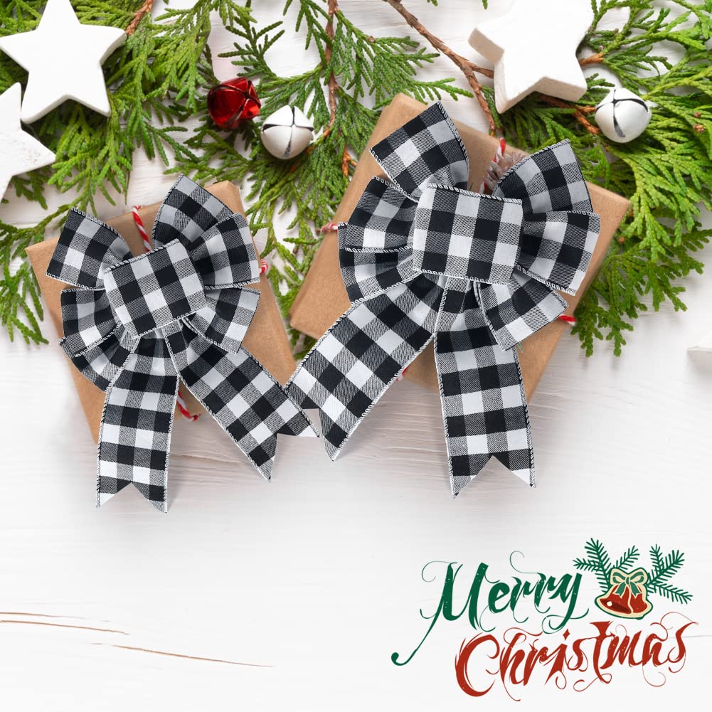 19.6 Yard 2.5 inch Wide Buffalo Plaid Ribbons Wired Edges, 2 Rolls Black and White Checkered Ribbon for Christmas