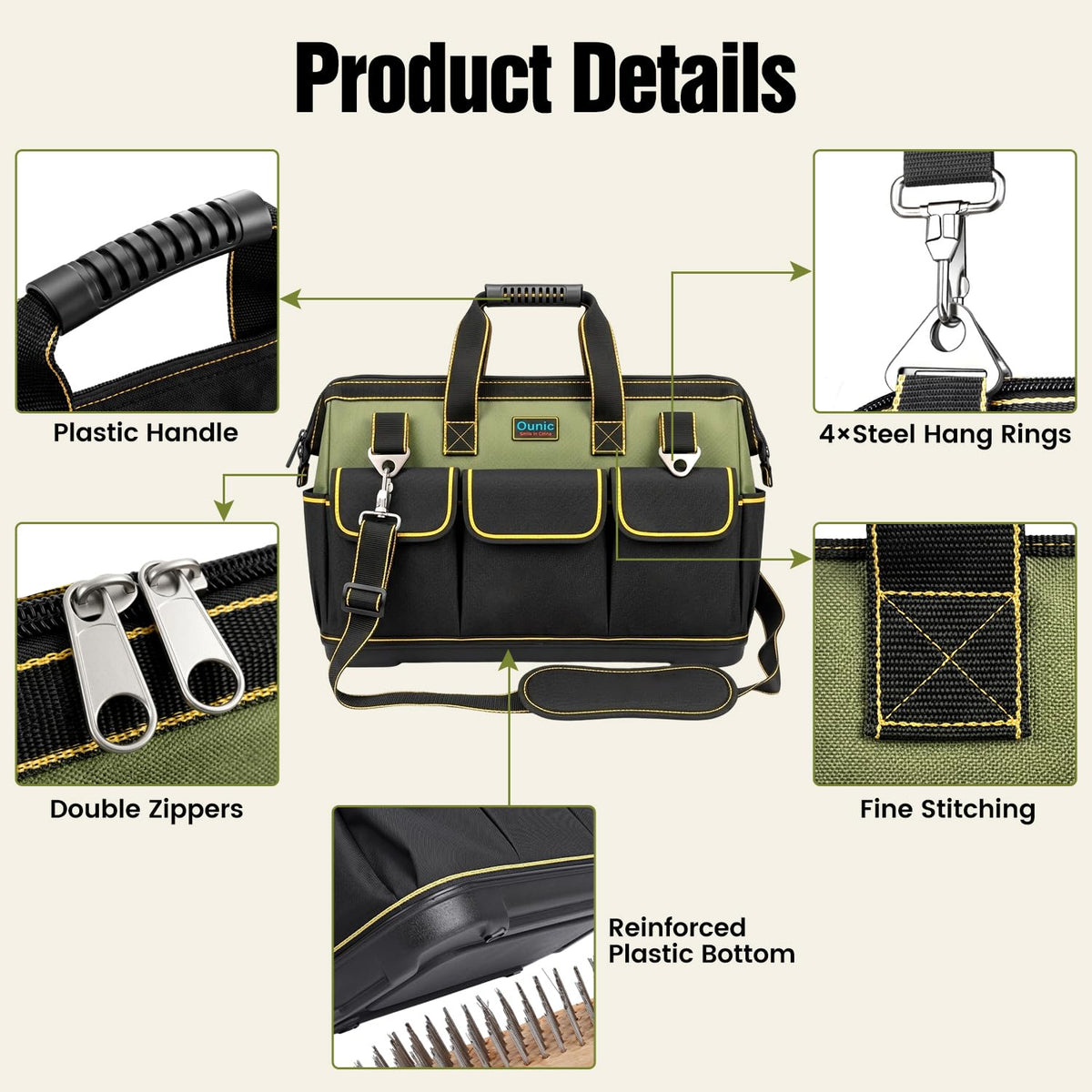 18 Inch Heavy Duty Tool Bag, 16-Pocket Tool Box Organizer, Green