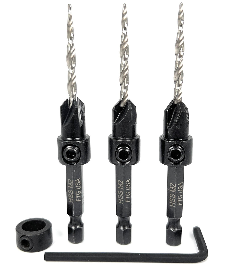FTG USA 3 Pc #6 (9/64") Countersink Drill Bit Set with Tapered Drill Bits