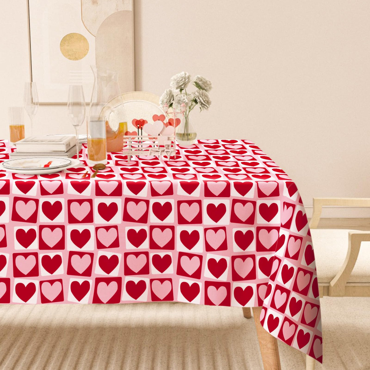 Valentine's Day Rectangle Tablecloth Red Pink Hearts Plaids Fabric Table Cloth Washable Love Heart Table Cover for