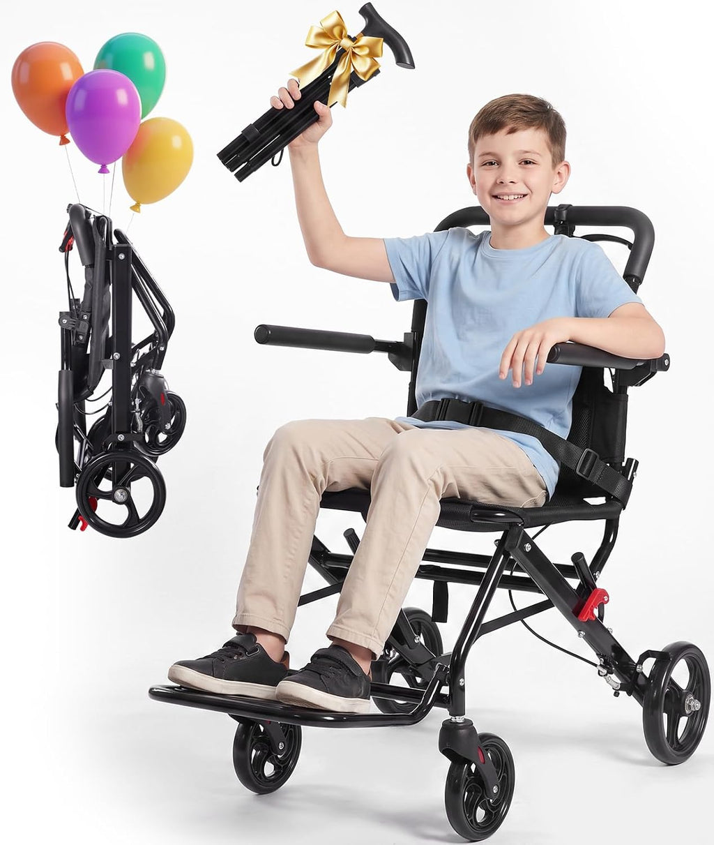 Lightweight Wheelchair for Kids & Teens, 17.7" Wide Seat Foldable Transport Chair for Petite Adults Under 150 lbs