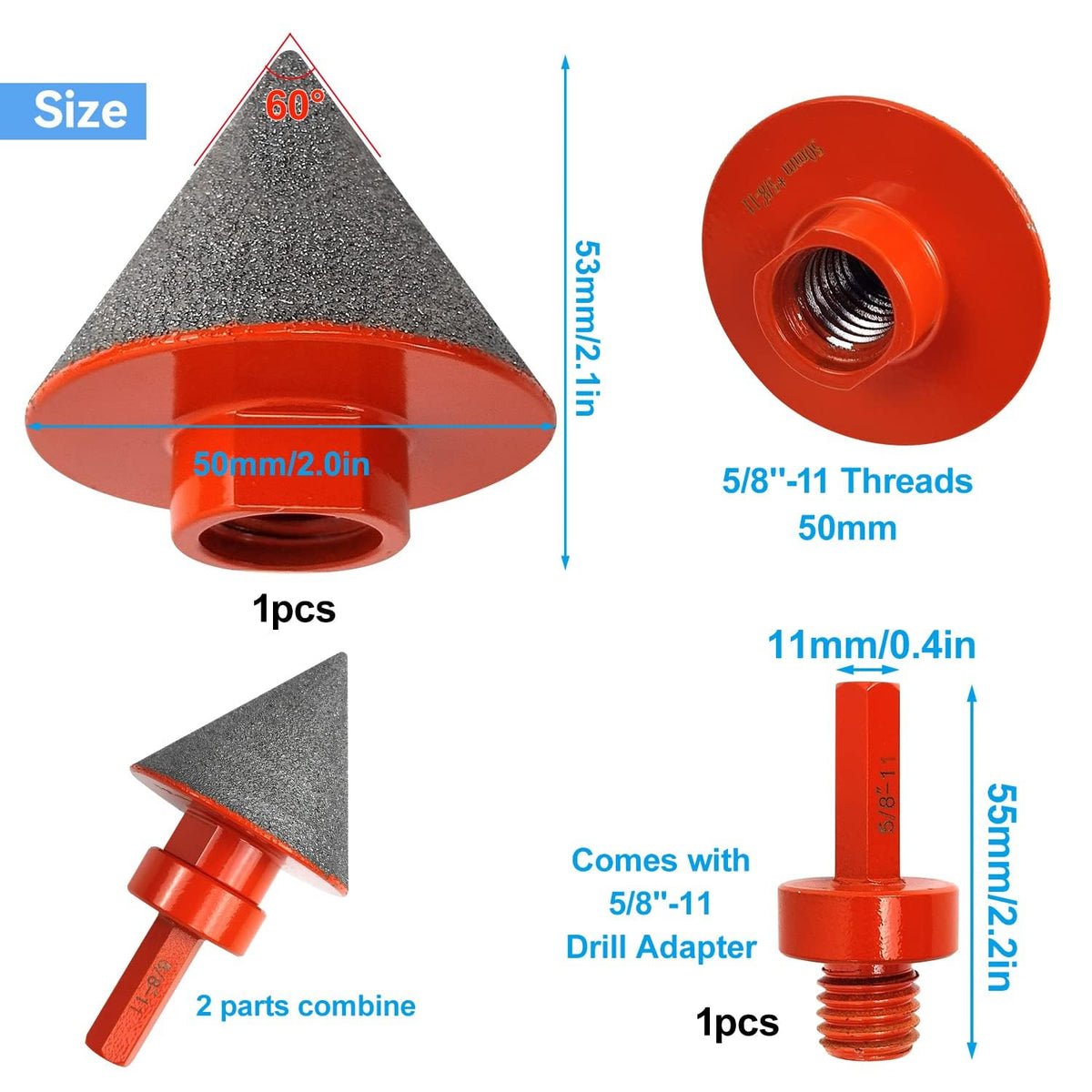 3 PCS Kit Professional Diamond Chamfering Set, Tile Cone Grinder Bit with 5/8"-11 Drill Adapter, Countersink Drill Bits Set, Tile Drill Bits, Diamond Core Hole Saw Drill Kit for Glass Ceramic