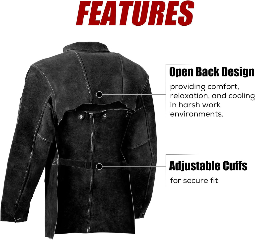 Leather Welding Jacket - Heat Flame Resistant Cape Sleeve Bib Apron | Heavy duty split cowhide weld coat, open back