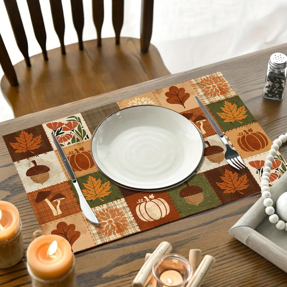 Plaid Pumpkin Maple Leaves Fall Placemats Set of 4