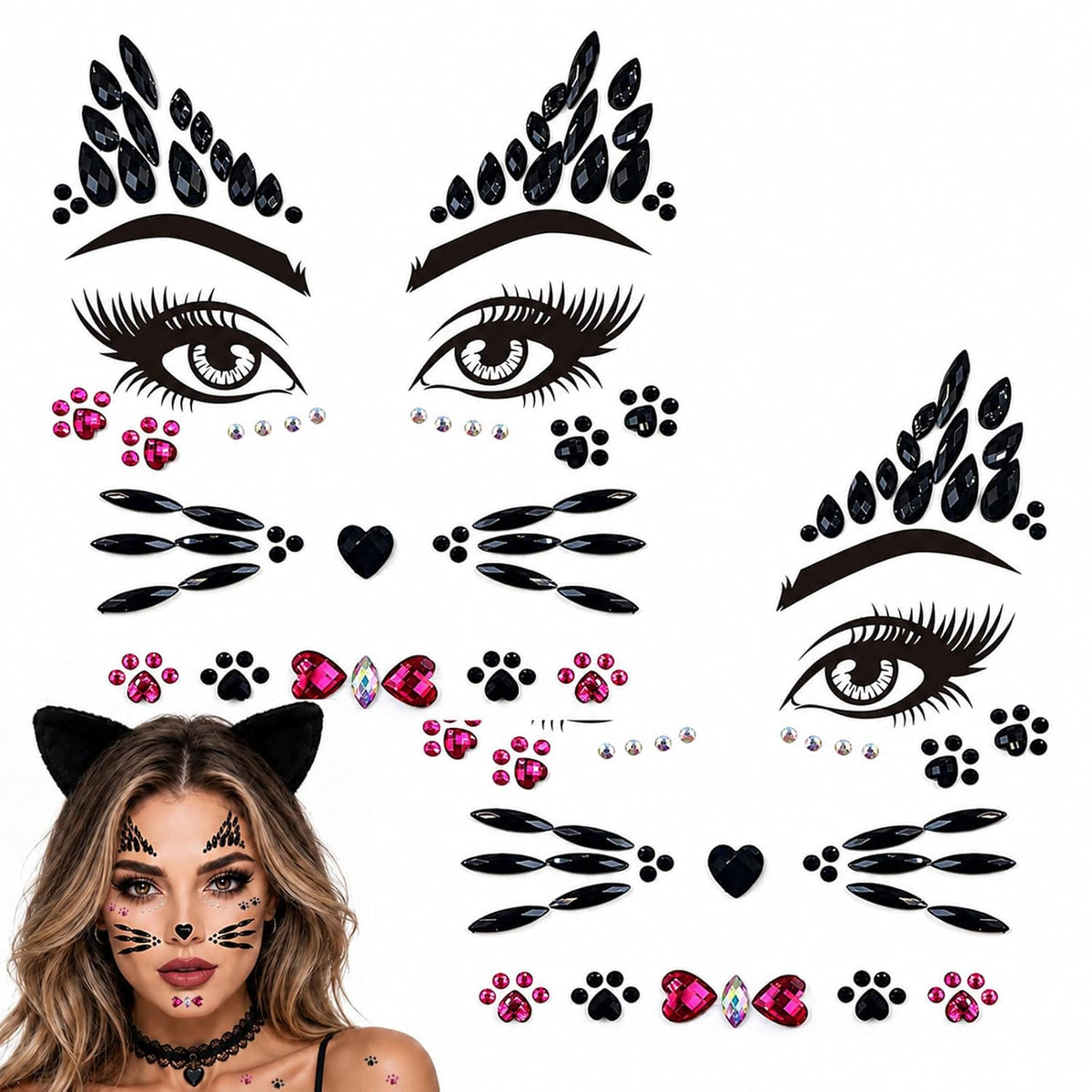Crystal Cat Face Gems Stickers, 2-Sheet Cat Print Gem Jewels