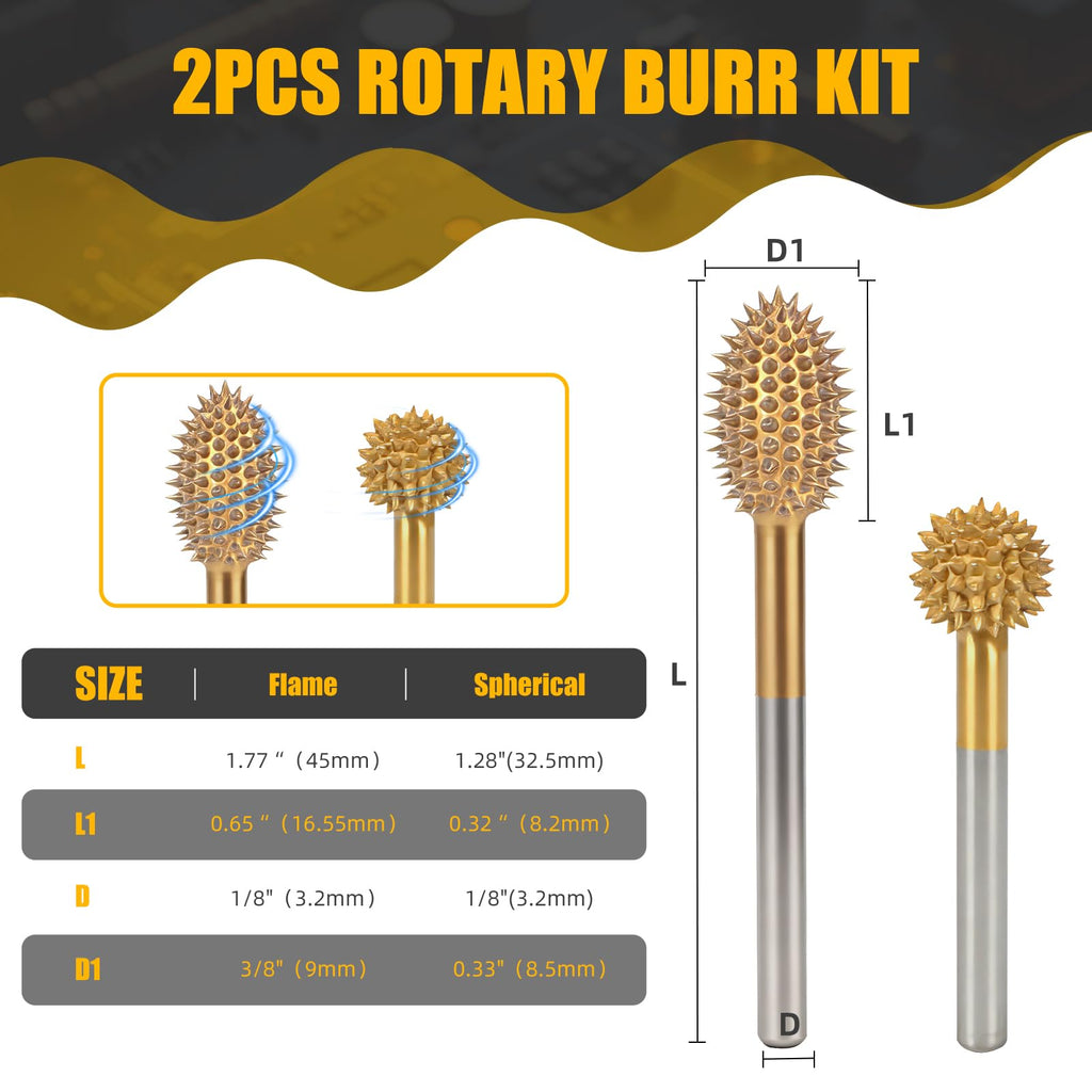 CAELUM Titanium-Coated Rotary Burr Set 2Pcs, 1/8" Coarse, Wood Carving Kit