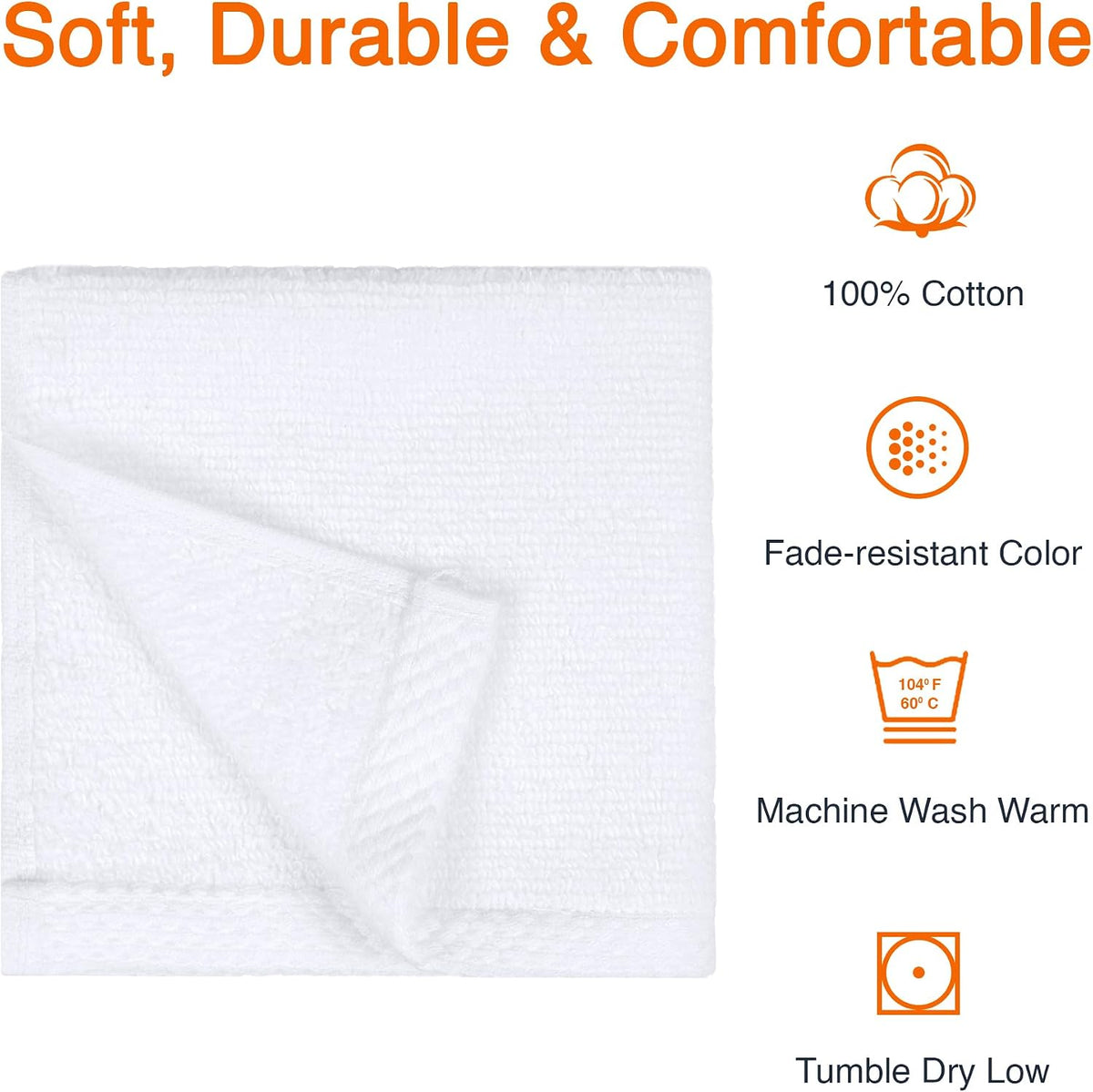 Cotton Washcloths, Lightweight Quick-Dry, Absorbent Face and Body Towel Set, 12" x 12", White, 12-Pack