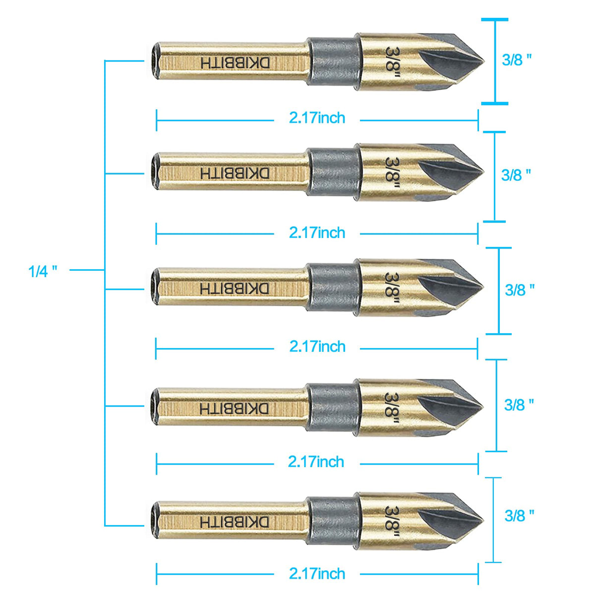 Countersink Drill Bit Set, 5 Pieces High Speed Steel 82 Degree 5 Flute 6mm Shank Mill Cutter Bit Countersink in Sizes 3/8" Set with Carrying Case.