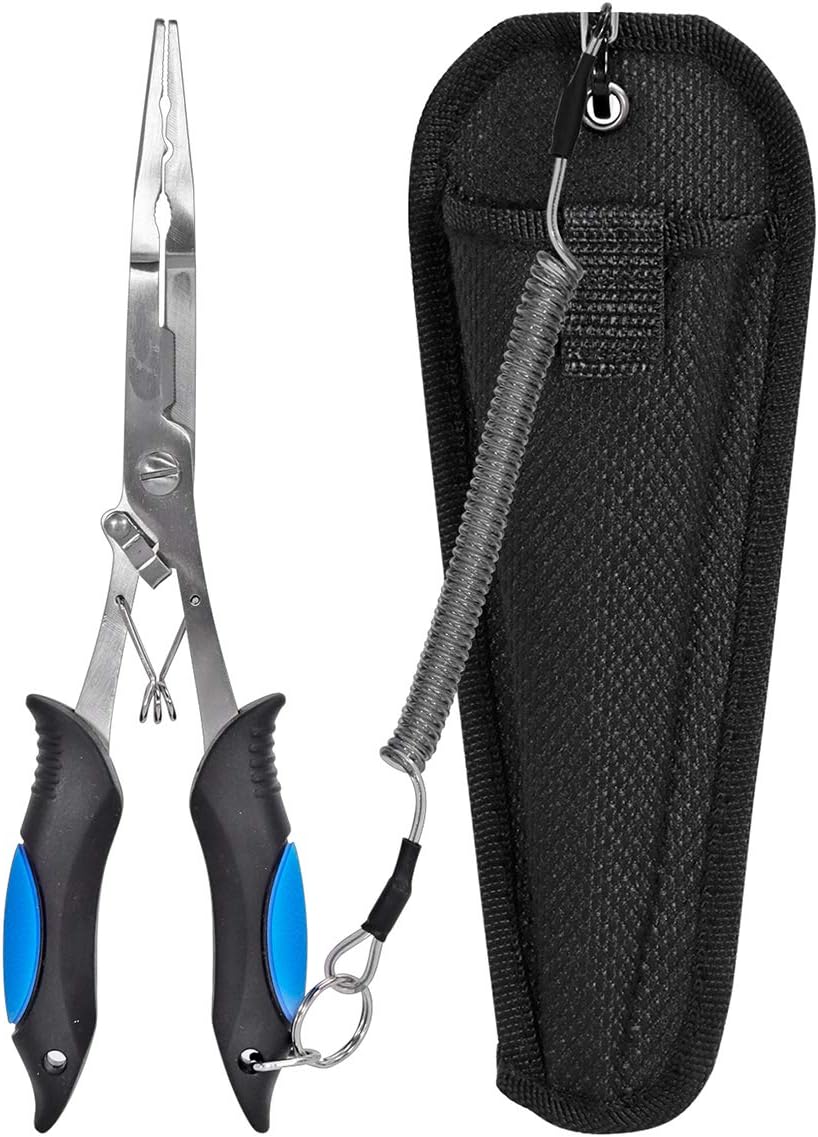 Fishing Pliers Saltwater Freshwater Long Nose Hook Remover Stainless Steel | with Sheath, Lanyard