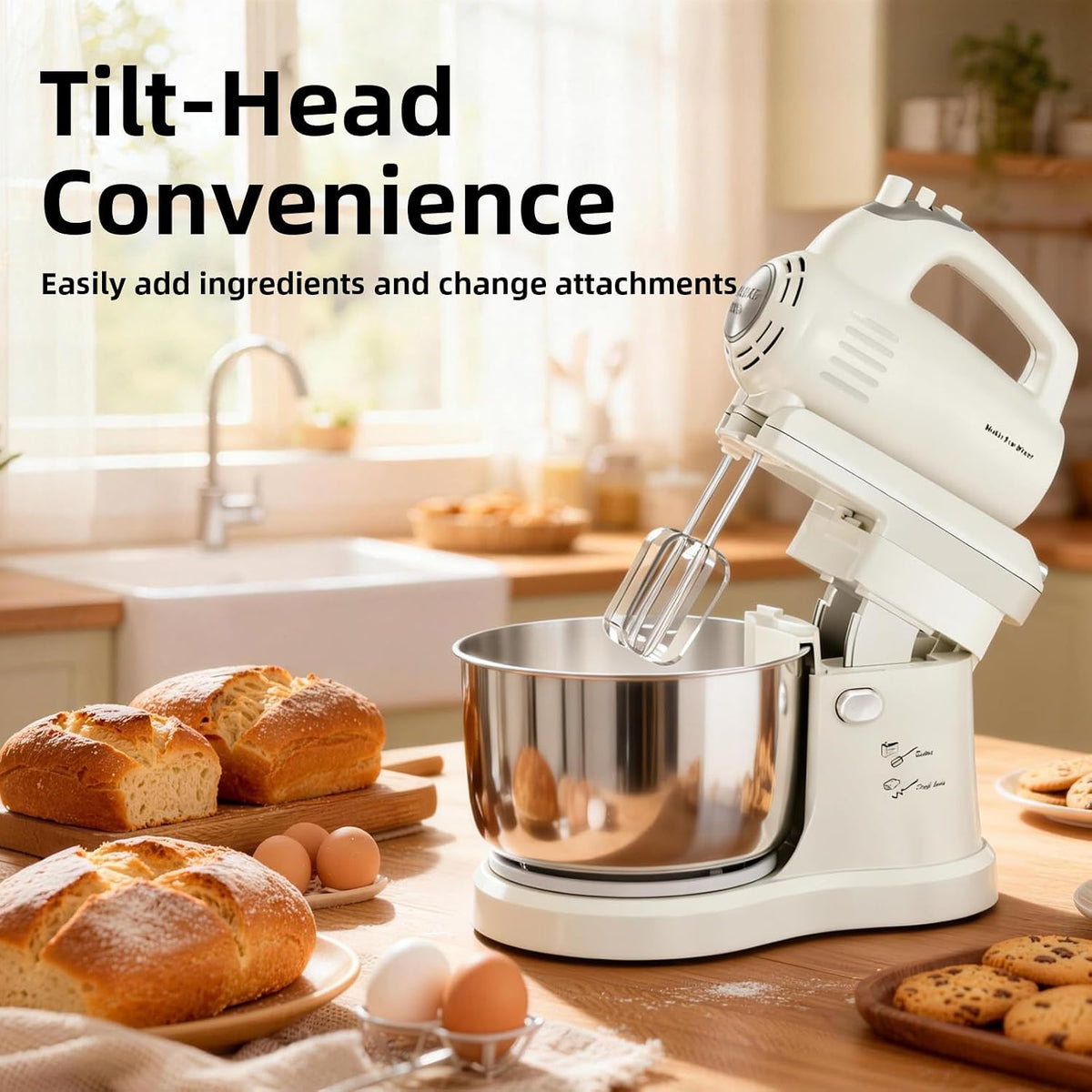 3.2QT 2-in-1 Stand Mixer, Electric Kitchen Mixer with Auto-Rotating Bowl & Tilt-Head, 5-Speed 250W Turbo Baking