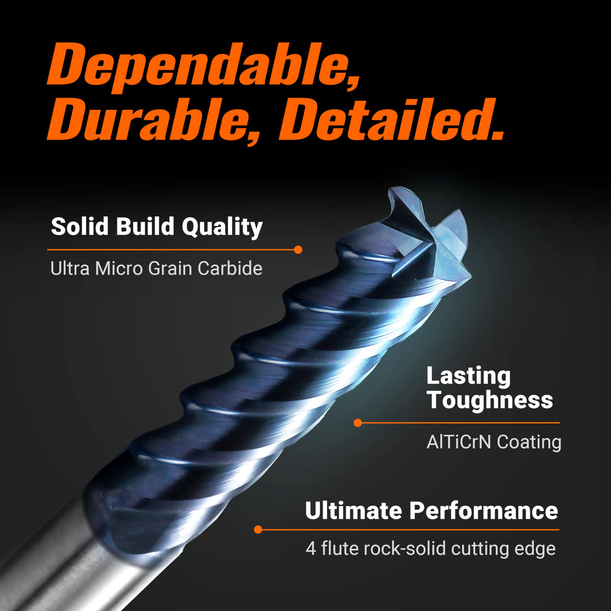 ACCUCUT I4KES 1/4” Carbide Square End Mill - 4 Flute Milling Bit for Steel, Forge Steel, Copper, Alloys & Materials < HRC 50-45 Degree Helix, AlTiCrN Coating CNC Router Bit