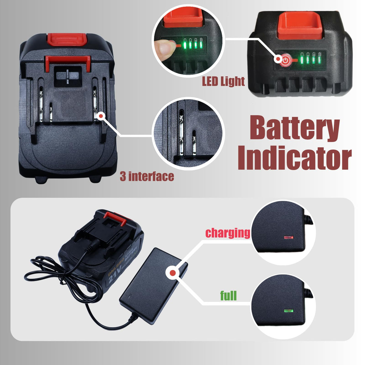 Mini Chainsaw Battery, 21v Lithium Battery - 4.0 Ah Battery with Electric Quantity Display, Include Charger Adapter