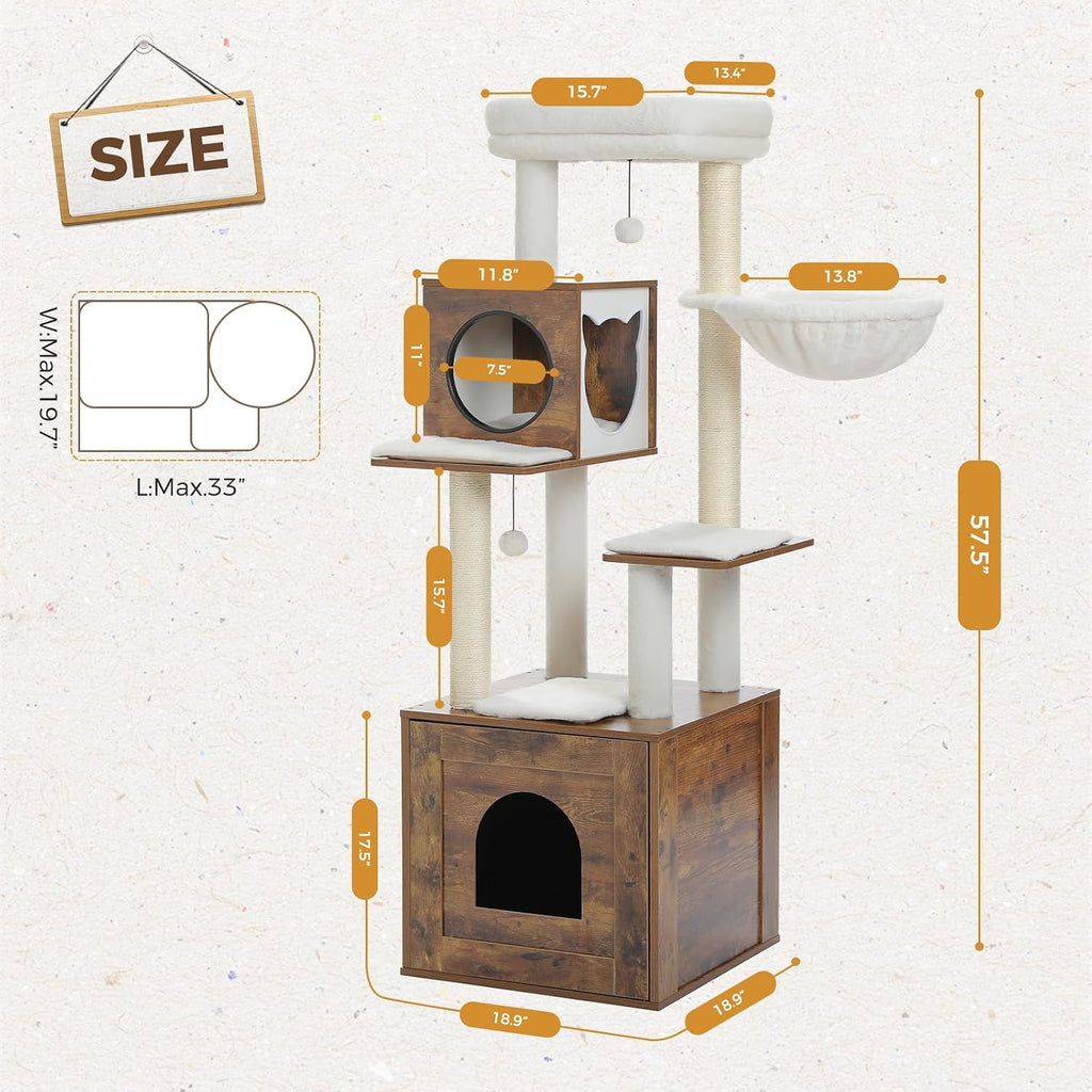 Cat Tree with Litter Box Enclosure, 2-in-1 Wood Cat Tower, Brown